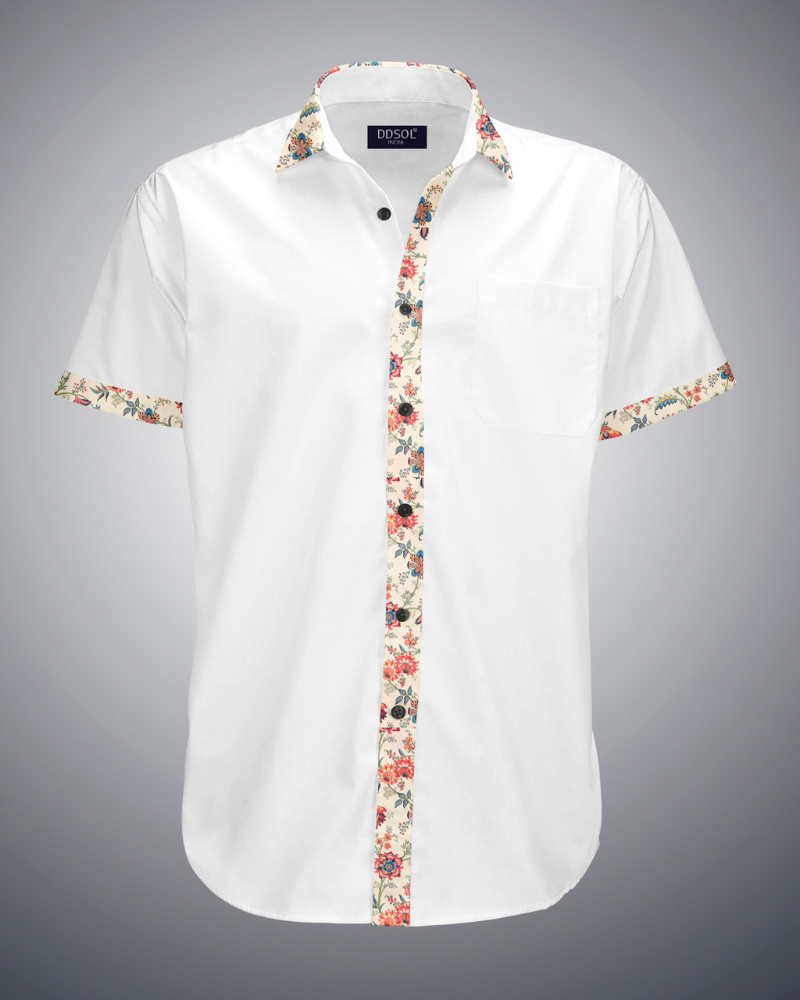 Traditional Flowers Print Collar Cotton Shirt