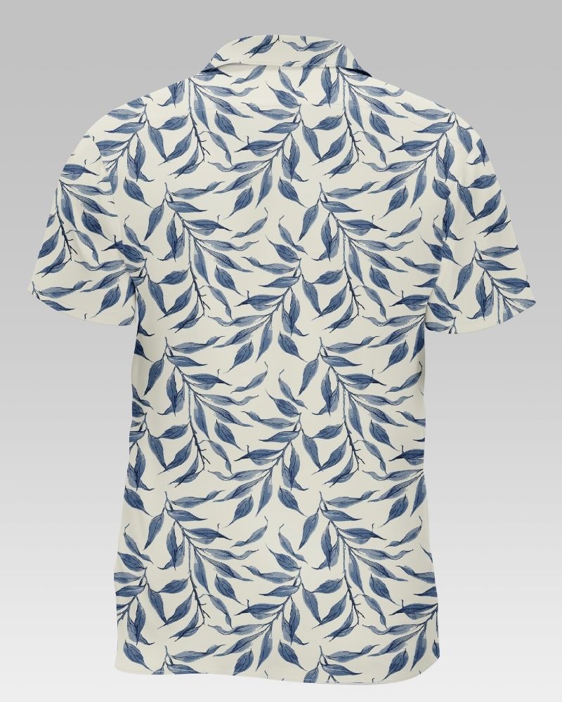 Blue Leaf Printed Cotton Shirt For Men