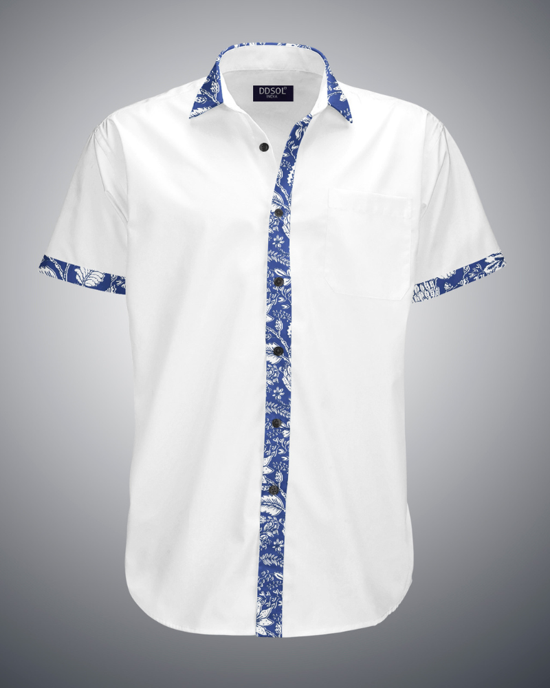 Blue Bush Print Collar Cotton Shirt