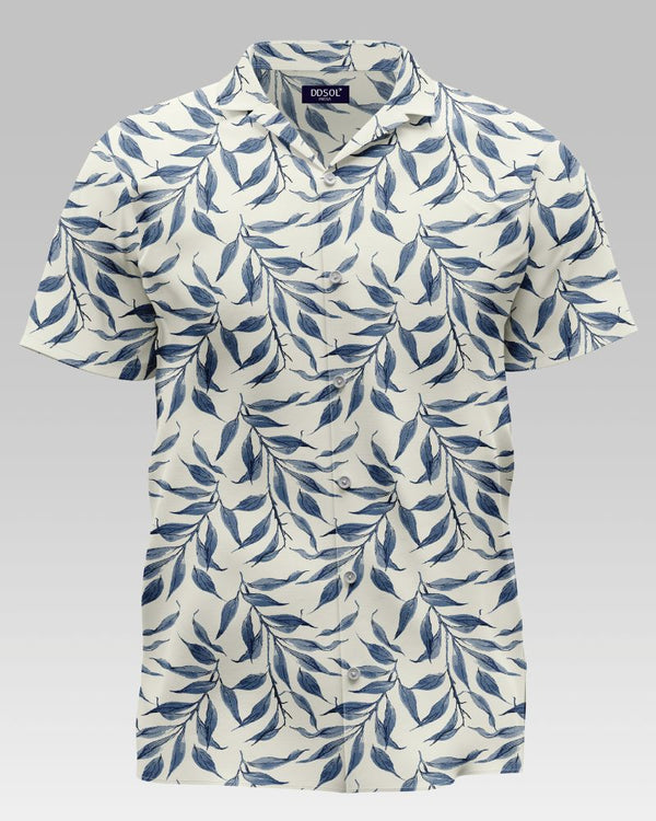 Blue Leaf Printed Cotton Shirt For Men